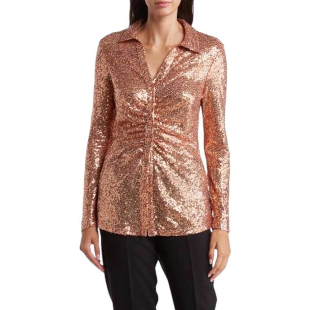 Nordstrom DR2 Sequin Ruched Long Sleeve Button Up Shirt